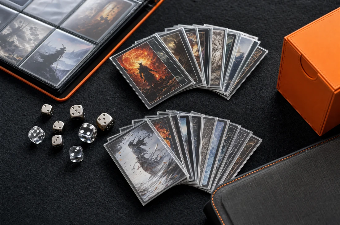 Trading cards, dice and an orange deck box arranged for a game